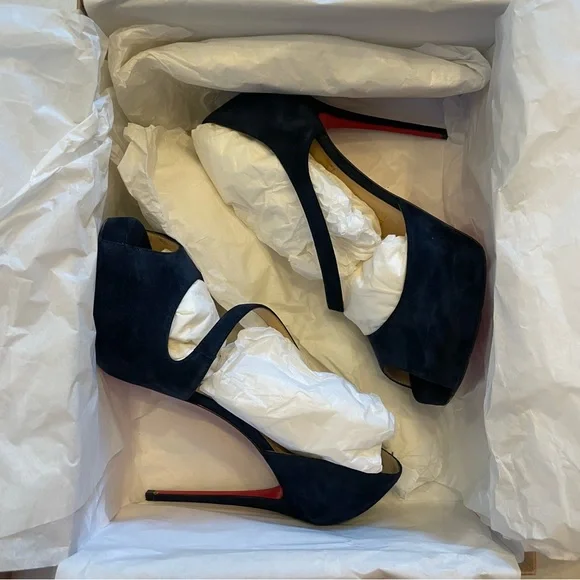 Christian Louboutin 💙 Catchy Two 120mm Peep Toe Platform in Navy Suede Size 36.5